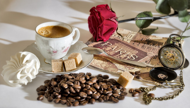 Обои картинки фото еда, кофе,  кофейные зёрна, зерна, чашка, сахар, зефир, часы, роза