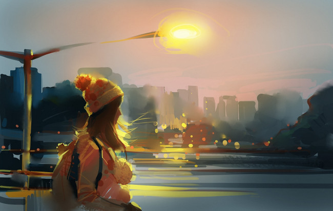 Обои картинки фото рисованные, дети, девушка, ветер, город, река, рюкзак, шапка, фонарь