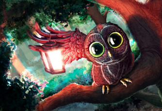 Картинка рисованное животные +птицы +совы +филины живопись ветки свет взгляд фонарь сова лес деревья арт