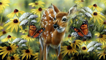 обоя рисованное, животные, олень, бабочки, цветы