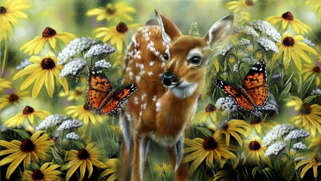 Обои картинки фото рисованное, животные, олень, бабочки, цветы