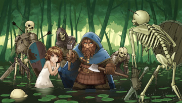 Картинка аниме животные +существа оружие вода фон мужчина скелет девочка