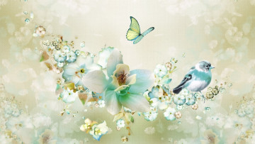 Картинка векторная+графика животные+ animals фантазия птица бабочка цветы весна рендеринг фон картинка коллаж рисунок лепестки