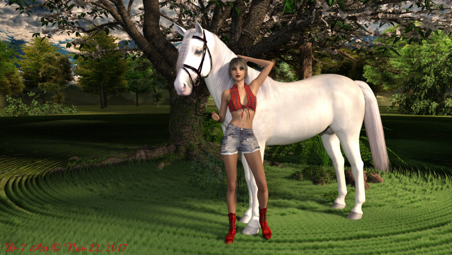 Обои картинки фото 3д графика, люди и животные , people and animals, фон, взгляд, девушка, природа, конь