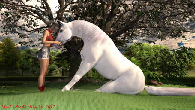 Обои картинки фото 3д графика, люди и животные , people and animals, девушка, конь, фон, взгляд, природа