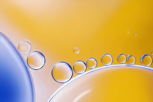 Обои картинки фото 3д графика, шары , balls, вода, масло, шарики, синий, желтый
