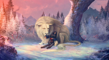 обоя фэнтези, красавицы и чудовища, дерево, снег, фон, девушка, лев