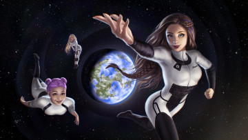 Картинка фэнтези девушки планета униформа взгляд фон