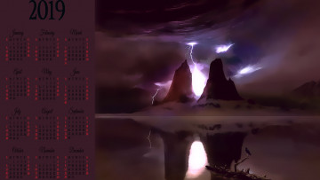 Картинка календари фэнтези молния вода отражение скала гора