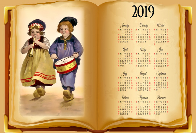 Обои картинки фото календари, рисованные,  векторная графика, ребенок, девочка, мальчик, барабан, дудка