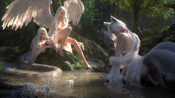 Картинка фэнтези существа хвост крылья олень сказочные девушки вода сказка природа