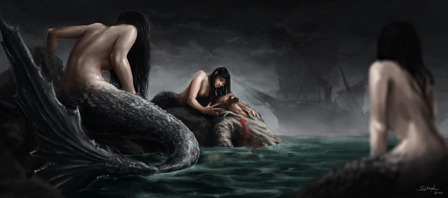Обои картинки фото фэнтези, русалки, море, камни, корабль, мужчина, рана