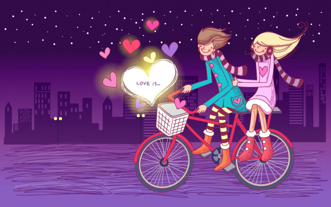 Обои картинки фото рисованное, праздники, пара, велосипед, любовь, сердечки, город