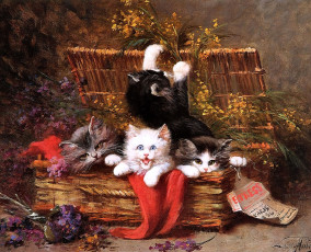 Картинка рисованное leon+charles+huber котята корзина цветы