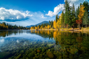 Картинка природа пейзажи осень лес облака горы озеро отражение синева камни дно водоем