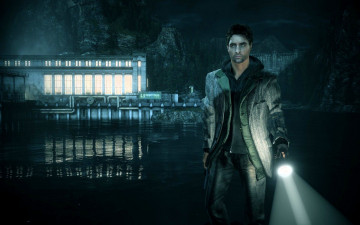 обоя видео игры, alan wake, мужчина, фонарь, озеро, здание