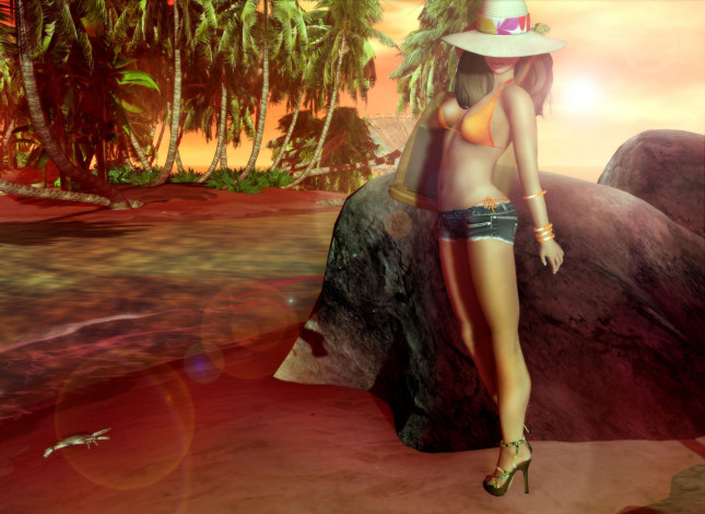 Обои картинки фото 3д, графика, people, люди, купальник, девушка, шляпа, пальмы, песок, море