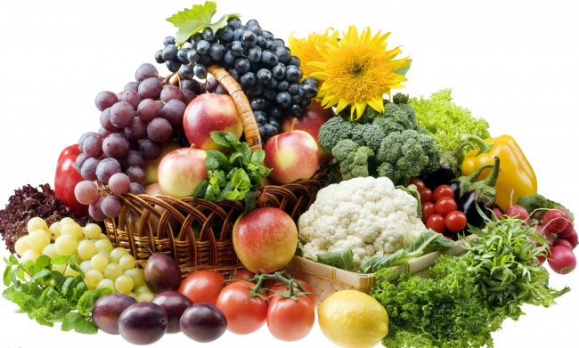 Обои картинки фото еда, фрукты, овощи, вместе, виноград, лимон, помидоры, редис, яблоки
