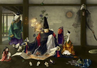 Картинка nurarihyon no mago аниме журавль оригами девочка маска магия лягушка