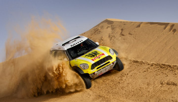 Картинка спорт авторалли mini мини купер dakar rally x-raid желтый дюна песок гонка передок cooper