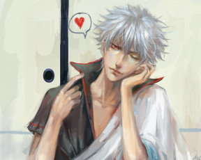 Картинка аниме gintama взгляд sakata gintoki парень hkun konnan art язык сердечко