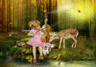 Картинка фэнтези фотоарт лес животные девочка
