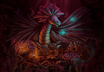 Картинка фэнтези драконы под водой существо дракон арт сокровище рыбки
