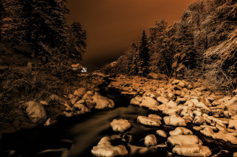 Картинка природа зима лес ручей ночь снег
