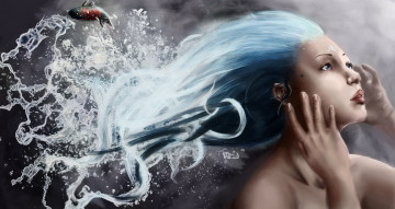 Картинка фэнтези девушки волосы вода рыбка лицо девушка