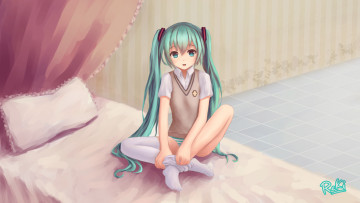 Картинка аниме vocaloid art reki девушка hatsune miku радость постель комната вокалоид