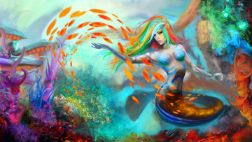 Картинка фэнтези русалки руки девушка ярко волосы взгляд лицо хвост краски арт фантастика русалка дно рыбки океан