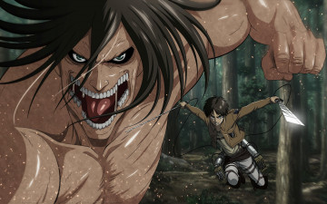 Картинка аниме shingeki+no+kyojin прыжок оружие парень титан