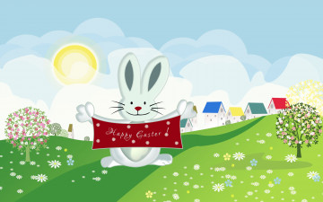Картинка праздничные пасха кролик деревья дома