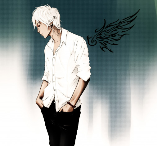 Обои картинки фото аниме, *unknown , другое, парень, белые, волосы, тату, крыло, браслет, рубашка