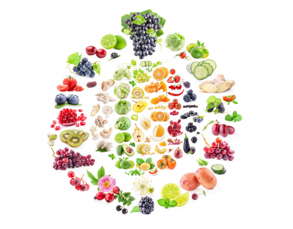 Обои картинки фото еда, разное, фрукты, ягоды, фон, ассорти, листья, цветы, овощи