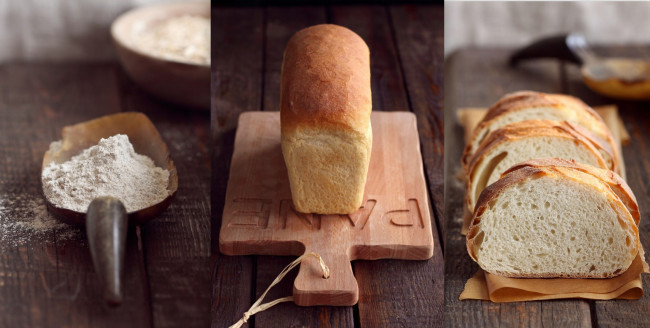 Обои картинки фото еда, хлеб,  выпечка, выпечка, фон, посуда, мука, куски, хлеба, булка