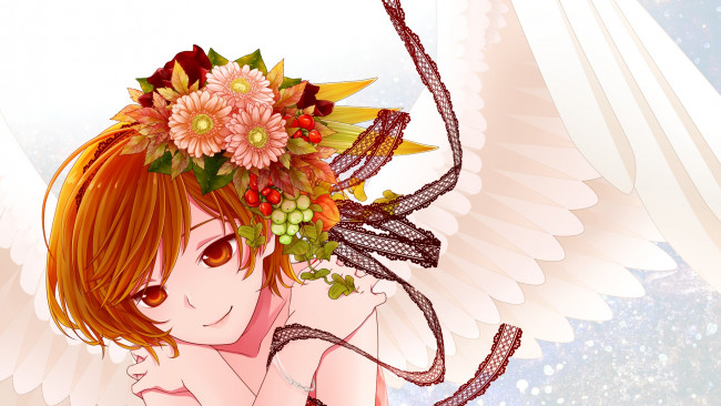 Обои картинки фото vocaloid, аниме, meiko, вокалоид, asami0512jump, jirou, арт, улыбка, ленты, цветы, ангел, крылья, девушка