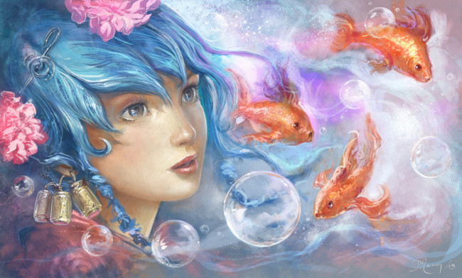 Обои картинки фото фэнтези, русалки, девушка, рыбки, пузырьки, вода, глаза, голубые, волосы, взгляд