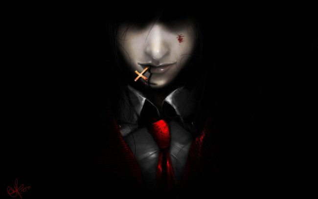 Обои картинки фото аниме, hellsing, лицо, галстук, крестик, мрачно, арт, парень