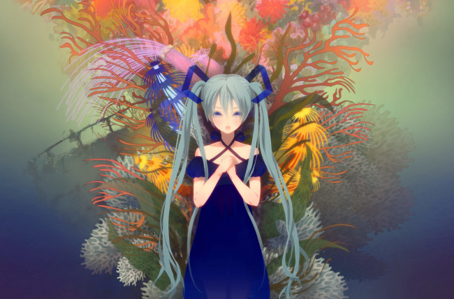 Обои картинки фото vocaloid, аниме, арт, ленты, цветы, ветви, девушка, hatsune, miku, вокалоид, ikushima