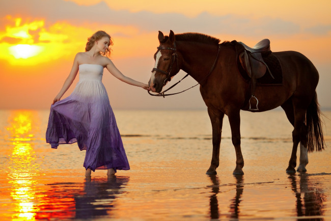 Обои картинки фото девушки, -unsort , блондинки, лошадь, девушка, закат, море, лето