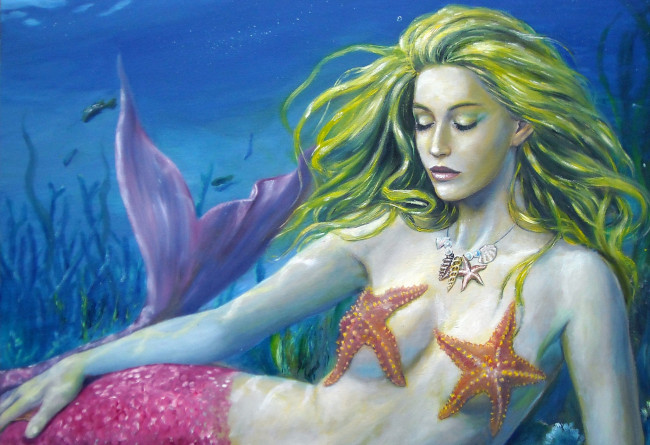 Обои картинки фото фэнтези, русалки, хвост, морская, звезда, ожерелье, волосы, дно, рыбки, море, лицо, русалка, девушка, вода