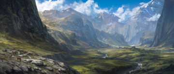Картинка рисованное природа горы река олени облака