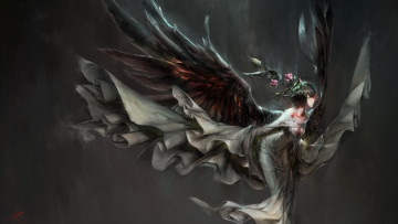 Картинка аниме ангелы +демоны крылья ангел девушка арт hong цветы