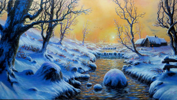 Картинка рисованное живопись пейзаж зима