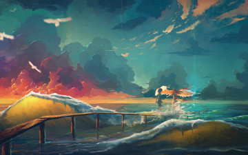 Картинка рисованное природа ангел девушка волны парень море закат