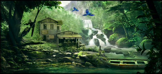 Обои картинки фото рисованное, природа, дом, река, горы, водопад, лодка, птицы, обезьяна, камни, лето