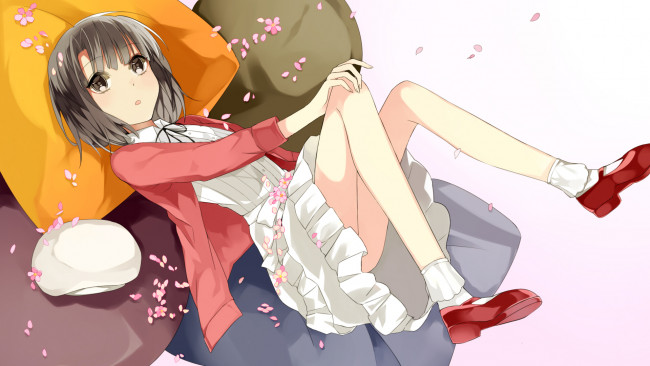 Обои картинки фото аниме, saenai heroine no sodatekata, цветы, лепестки, подушки, девушка