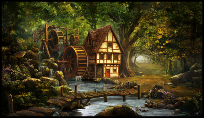 Обои картинки фото рисованное, природа, мельница, река, лес, мост, дорога