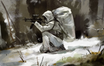 Картинка фэнтези люди камуфляж автомат солдат зима капюшон снег